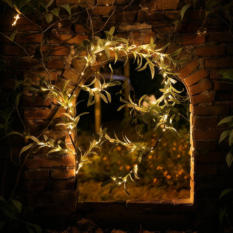 Garland lights around an arched garden window at night — Casa Norex