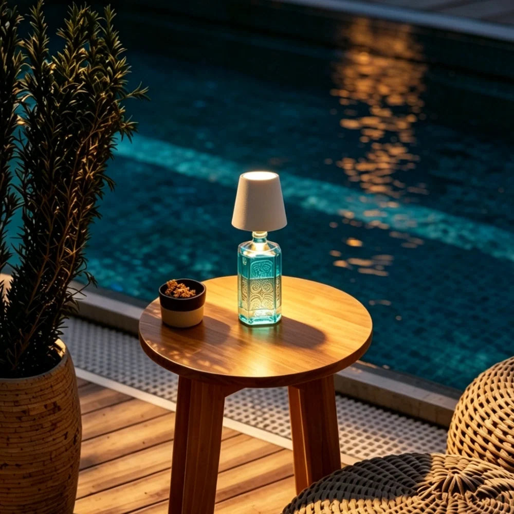 Cordless bottle lamp glowing on a side table beside a pool at dusk — Casa Norex