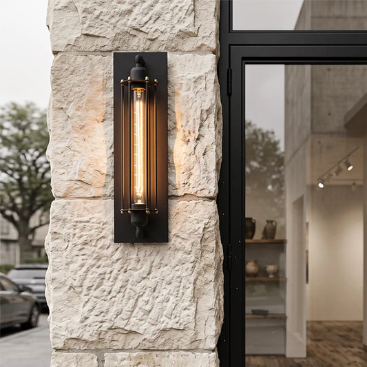 Black iron industrial wall sconce vintage industrial wall sconce stone exterior wall — Casa Norex