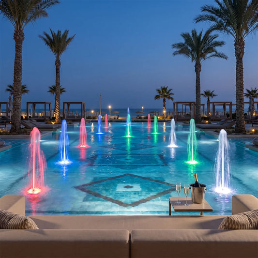 Marlin colorful fountain lights at a resort pool — Casa Norex