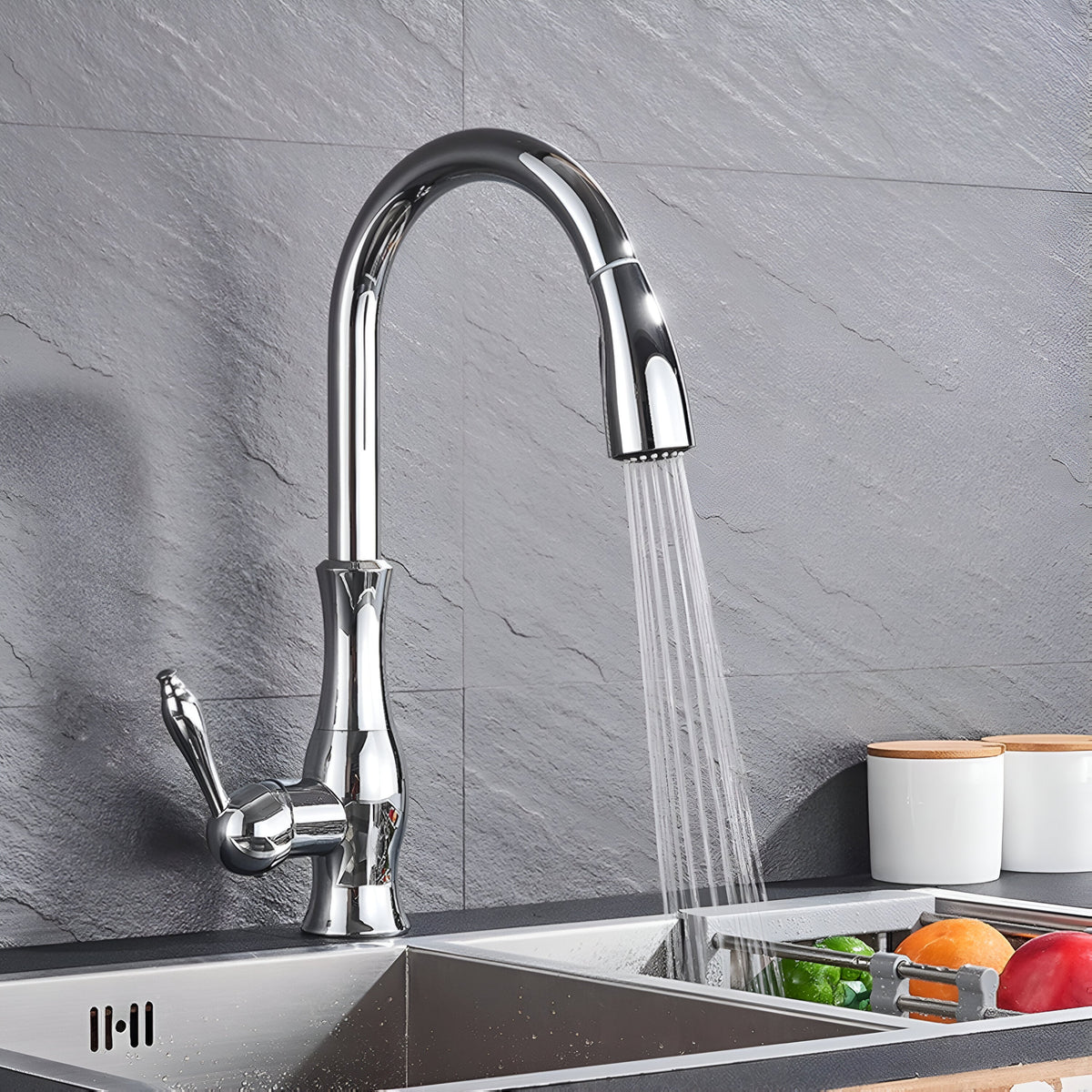 Aurelia Pull-Out Kitchen Faucet — Chrome finish in use | Casa Norex